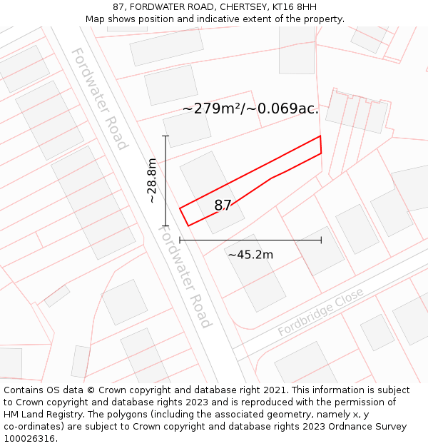87, FORDWATER ROAD, CHERTSEY, KT16 8HH: Plot and title map