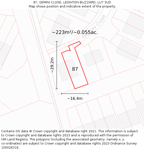 87, GEMINI CLOSE, LEIGHTON BUZZARD, LU7 3UD: Plot and title map