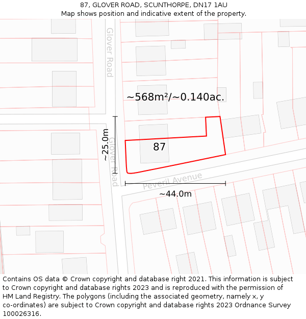 87, GLOVER ROAD, SCUNTHORPE, DN17 1AU: Plot and title map
