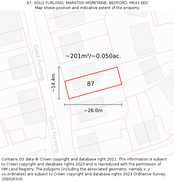 87, GOLD FURLONG, MARSTON MORETAINE, BEDFORD, MK43 0ED: Plot and title map