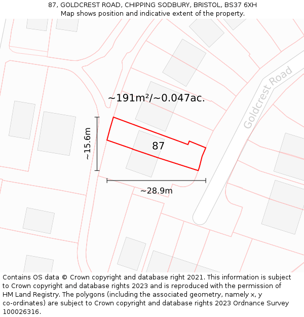 87, GOLDCREST ROAD, CHIPPING SODBURY, BRISTOL, BS37 6XH: Plot and title map