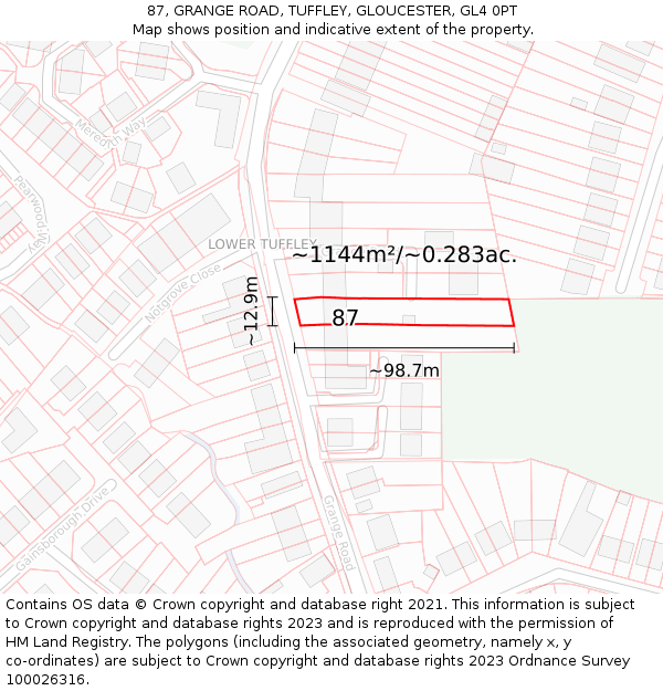 87, GRANGE ROAD, TUFFLEY, GLOUCESTER, GL4 0PT: Plot and title map