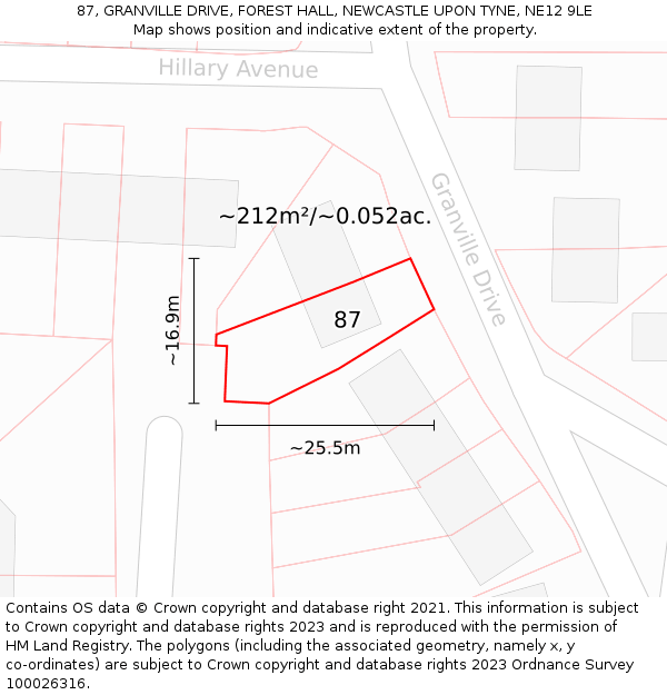 87, GRANVILLE DRIVE, FOREST HALL, NEWCASTLE UPON TYNE, NE12 9LE: Plot and title map