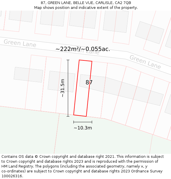 87, GREEN LANE, BELLE VUE, CARLISLE, CA2 7QB: Plot and title map