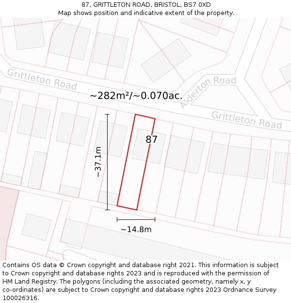 87, GRITTLETON ROAD, BRISTOL, BS7 0XD: Plot and title map