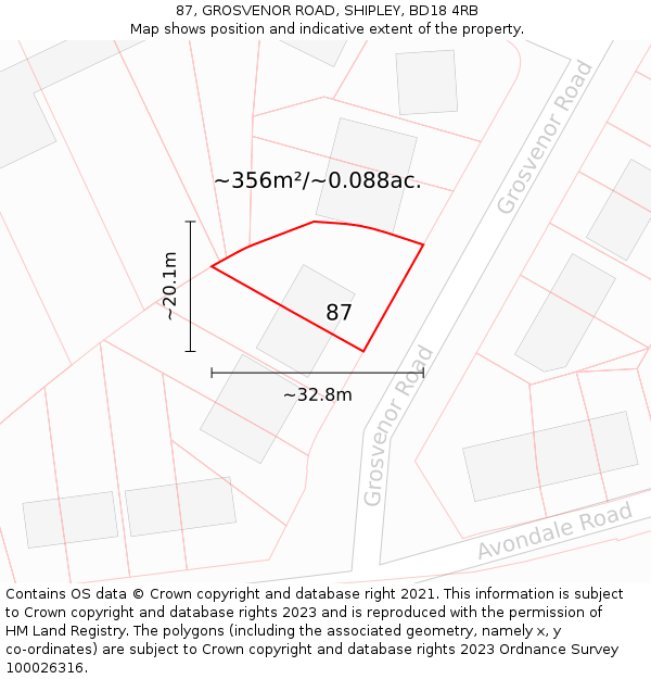 87, GROSVENOR ROAD, SHIPLEY, BD18 4RB: Plot and title map