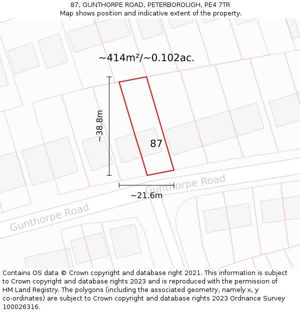 87, GUNTHORPE ROAD, PETERBOROUGH, PE4 7TR: Plot and title map