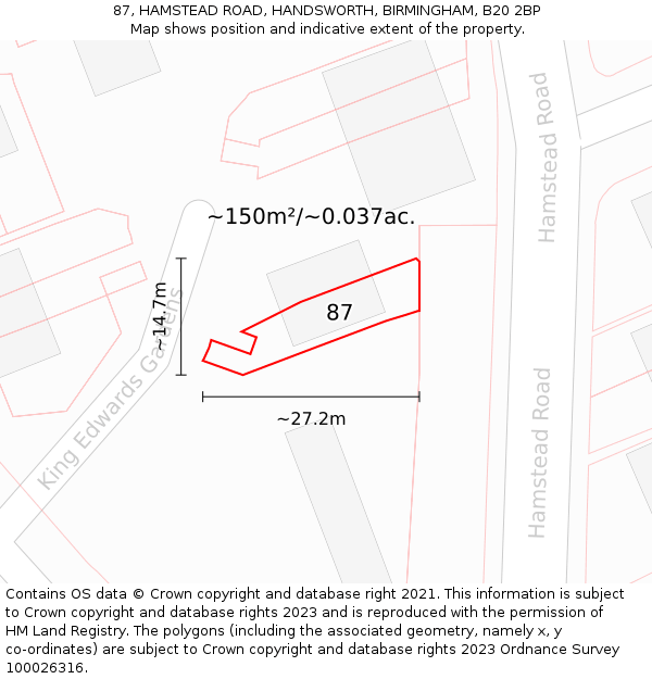 87, HAMSTEAD ROAD, HANDSWORTH, BIRMINGHAM, B20 2BP: Plot and title map