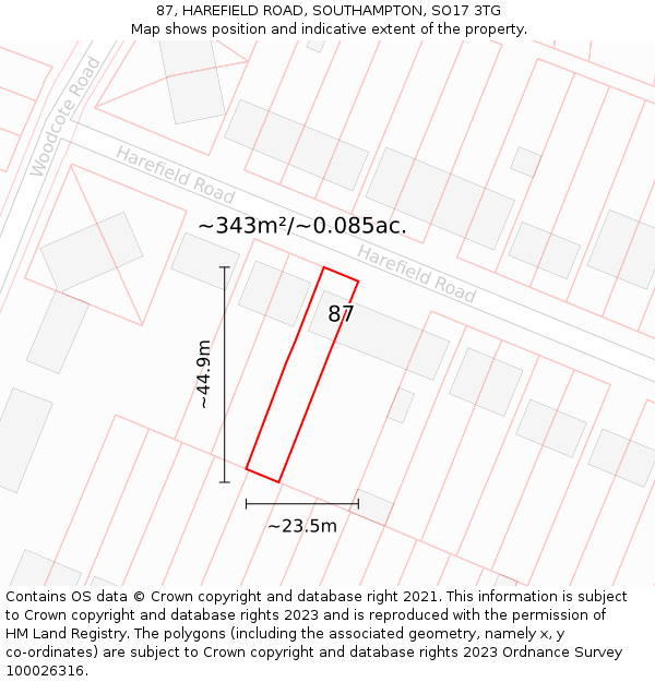 87, HAREFIELD ROAD, SOUTHAMPTON, SO17 3TG: Plot and title map
