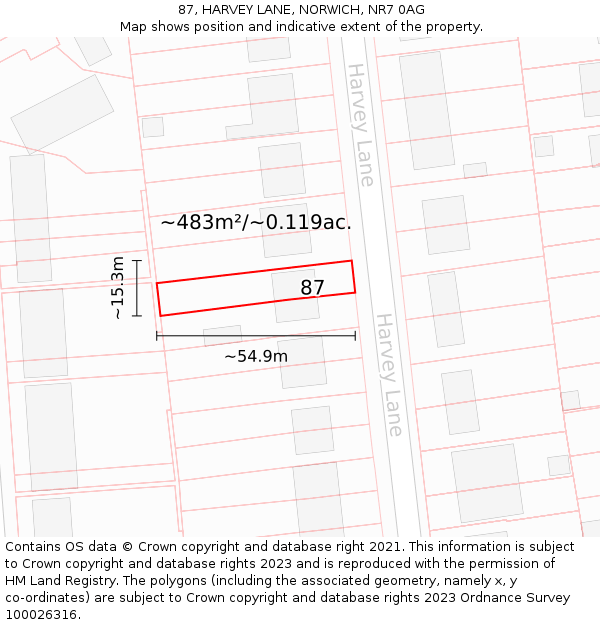 87, HARVEY LANE, NORWICH, NR7 0AG: Plot and title map