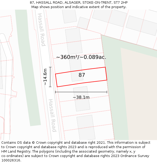 87, HASSALL ROAD, ALSAGER, STOKE-ON-TRENT, ST7 2HP: Plot and title map