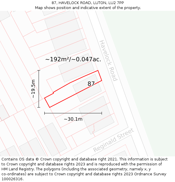87, HAVELOCK ROAD, LUTON, LU2 7PP: Plot and title map