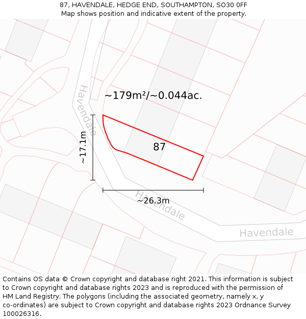87, HAVENDALE, HEDGE END, SOUTHAMPTON, SO30 0FF: Plot and title map