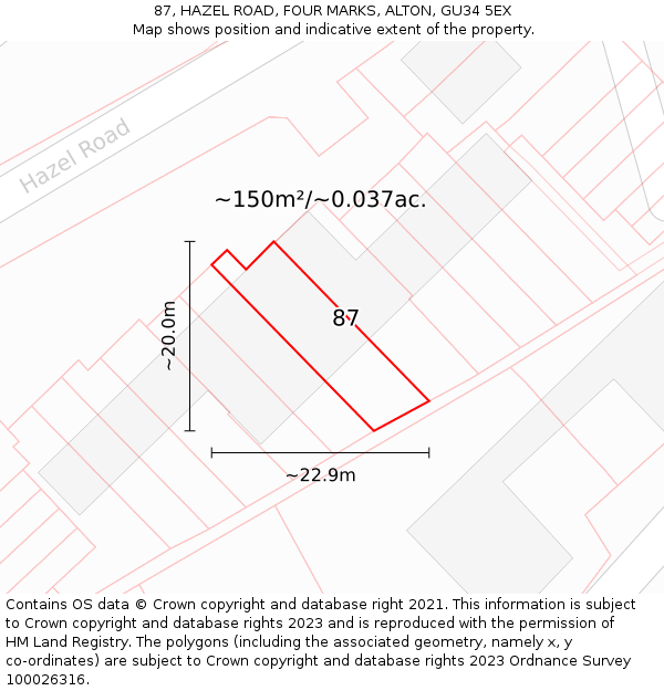 87, HAZEL ROAD, FOUR MARKS, ALTON, GU34 5EX: Plot and title map