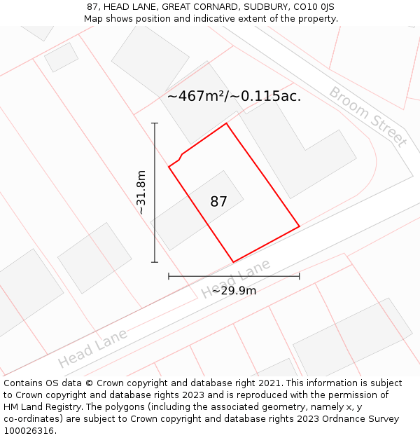 87, HEAD LANE, GREAT CORNARD, SUDBURY, CO10 0JS: Plot and title map