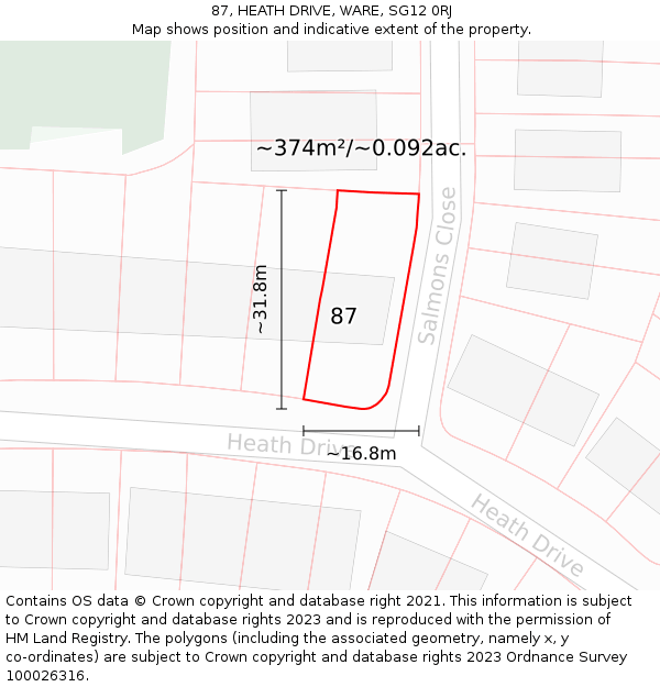 87, HEATH DRIVE, WARE, SG12 0RJ: Plot and title map