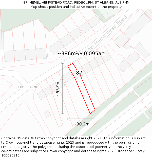 87, HEMEL HEMPSTEAD ROAD, REDBOURN, ST ALBANS, AL3 7NN: Plot and title map