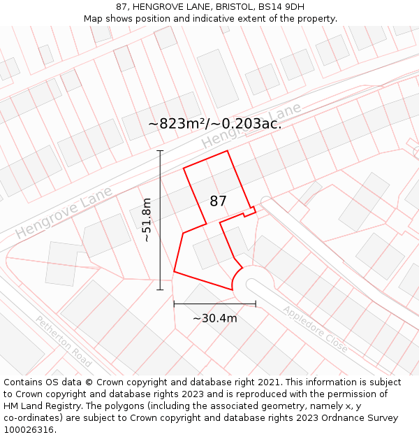 87, HENGROVE LANE, BRISTOL, BS14 9DH: Plot and title map