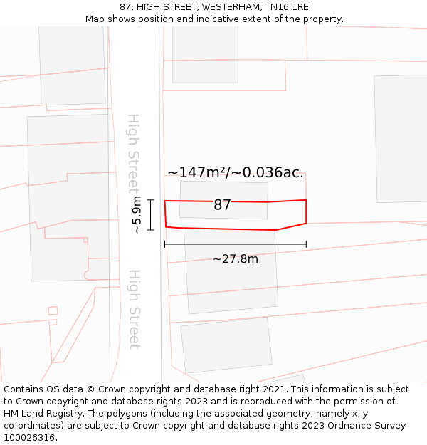 87, HIGH STREET, WESTERHAM, TN16 1RE: Plot and title map