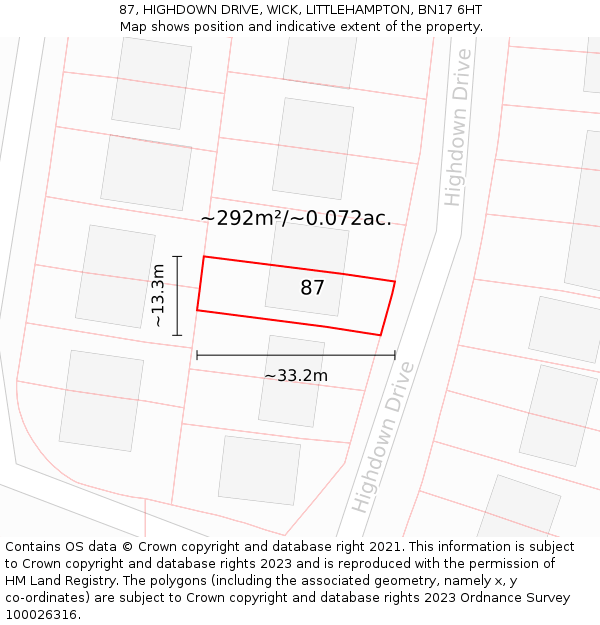 87, HIGHDOWN DRIVE, WICK, LITTLEHAMPTON, BN17 6HT: Plot and title map