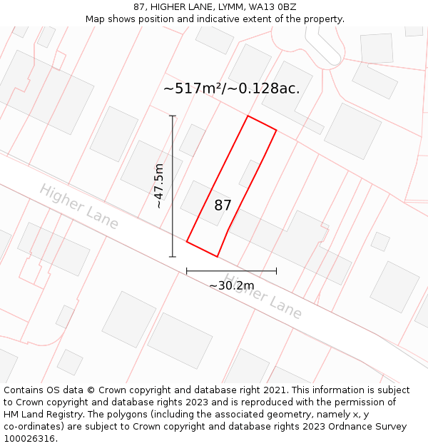 87, HIGHER LANE, LYMM, WA13 0BZ: Plot and title map