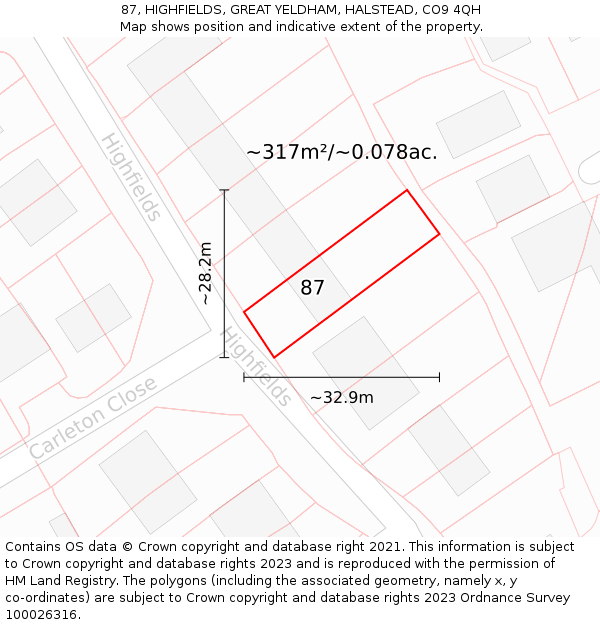 87, HIGHFIELDS, GREAT YELDHAM, HALSTEAD, CO9 4QH: Plot and title map