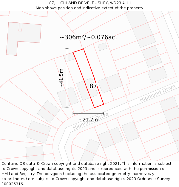 87, HIGHLAND DRIVE, BUSHEY, WD23 4HH: Plot and title map