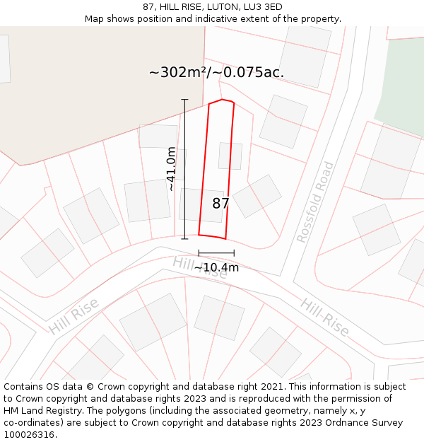 87, HILL RISE, LUTON, LU3 3ED: Plot and title map