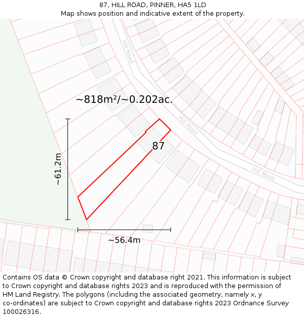87, HILL ROAD, PINNER, HA5 1LD: Plot and title map