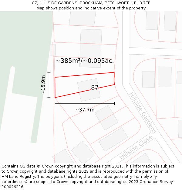 87, HILLSIDE GARDENS, BROCKHAM, BETCHWORTH, RH3 7ER: Plot and title map
