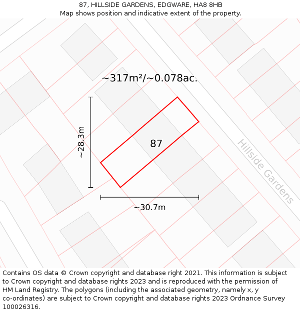 87, HILLSIDE GARDENS, EDGWARE, HA8 8HB: Plot and title map