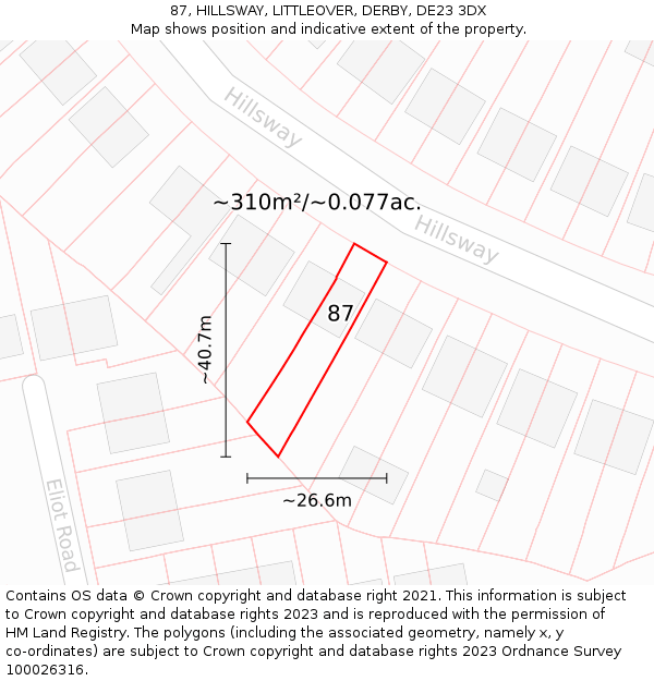 87, HILLSWAY, LITTLEOVER, DERBY, DE23 3DX: Plot and title map