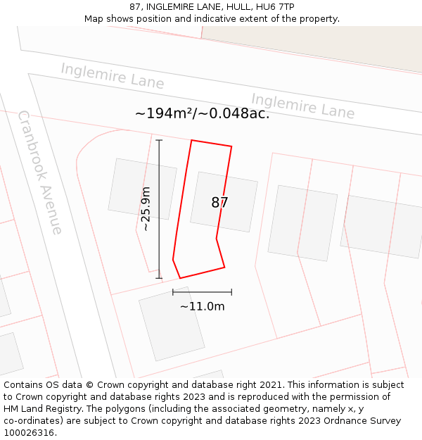 87, INGLEMIRE LANE, HULL, HU6 7TP: Plot and title map