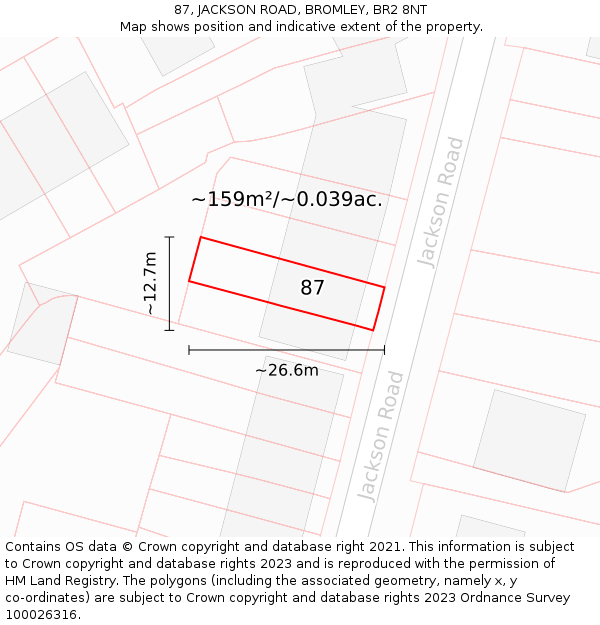 87, JACKSON ROAD, BROMLEY, BR2 8NT: Plot and title map