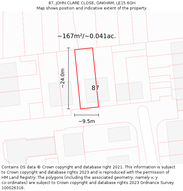 87, JOHN CLARE CLOSE, OAKHAM, LE15 6GH: Plot and title map