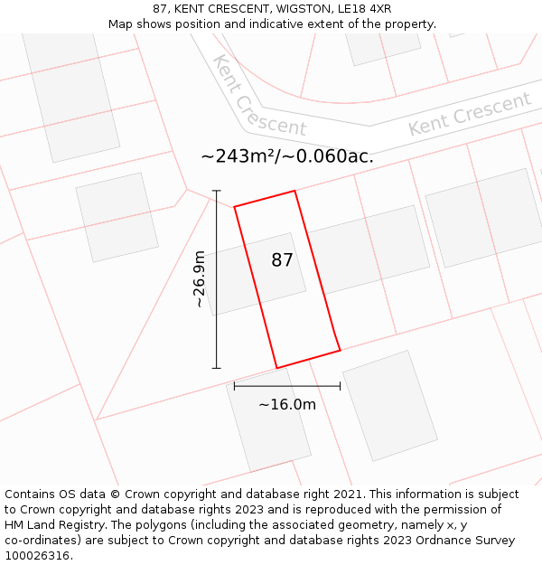 87, KENT CRESCENT, WIGSTON, LE18 4XR: Plot and title map