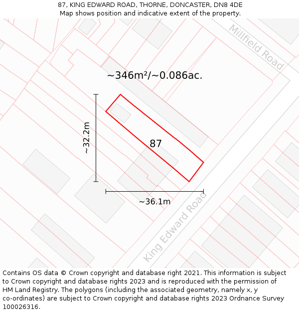 87, KING EDWARD ROAD, THORNE, DONCASTER, DN8 4DE: Plot and title map