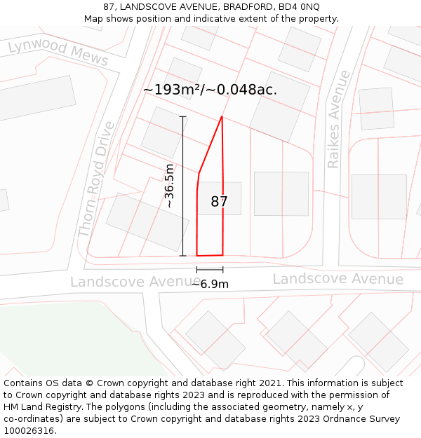 87, LANDSCOVE AVENUE, BRADFORD, BD4 0NQ: Plot and title map