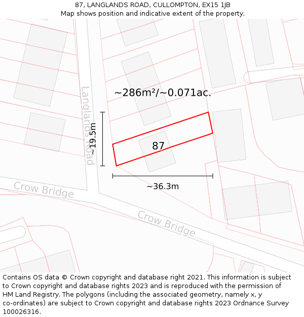 87, LANGLANDS ROAD, CULLOMPTON, EX15 1JB: Plot and title map