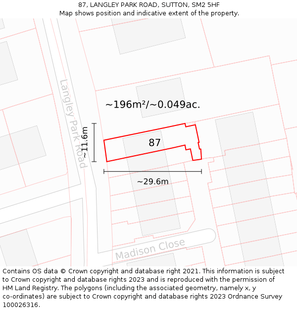 87, LANGLEY PARK ROAD, SUTTON, SM2 5HF: Plot and title map