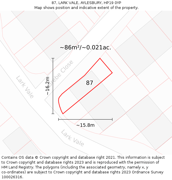 87, LARK VALE, AYLESBURY, HP19 0YP: Plot and title map
