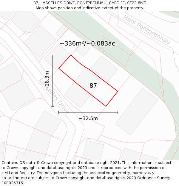 87, LASCELLES DRIVE, PONTPRENNAU, CARDIFF, CF23 8NZ: Plot and title map