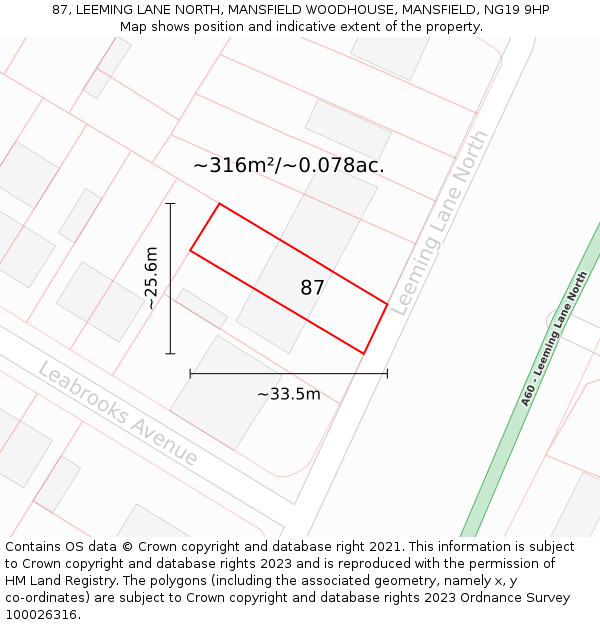 87, LEEMING LANE NORTH, MANSFIELD WOODHOUSE, MANSFIELD, NG19 9HP: Plot and title map