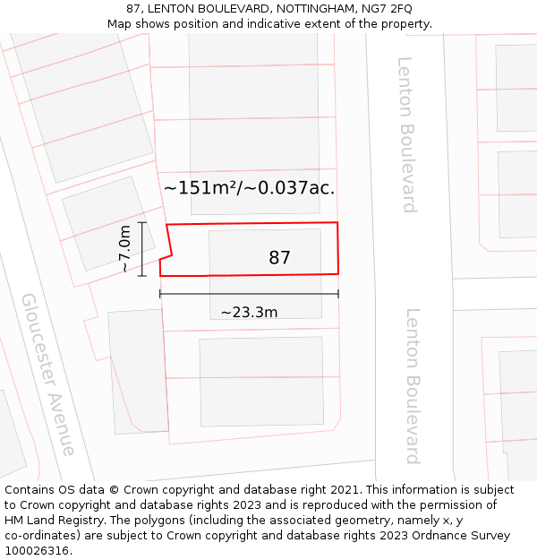 87, LENTON BOULEVARD, NOTTINGHAM, NG7 2FQ: Plot and title map