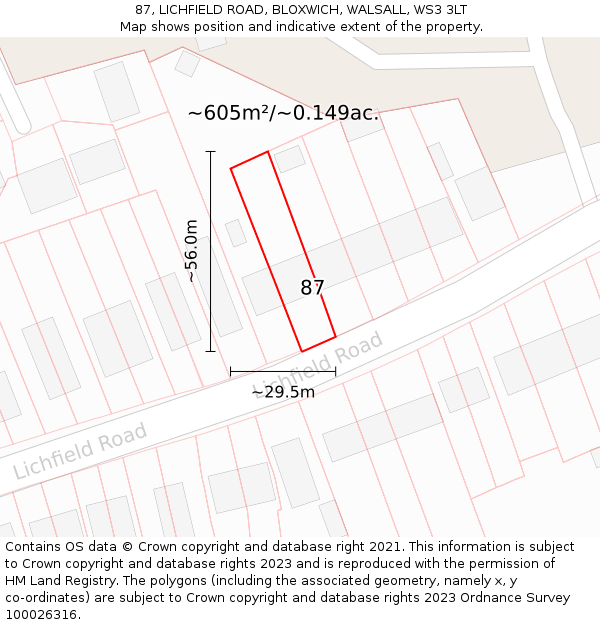 87, LICHFIELD ROAD, BLOXWICH, WALSALL, WS3 3LT: Plot and title map