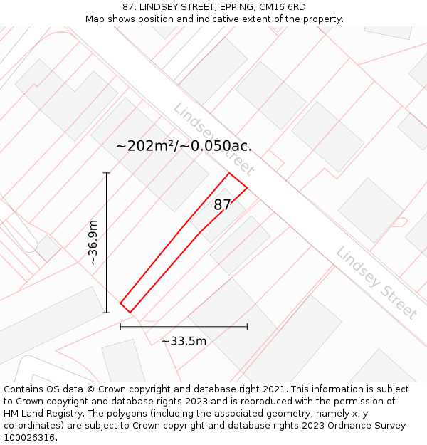 87, LINDSEY STREET, EPPING, CM16 6RD: Plot and title map