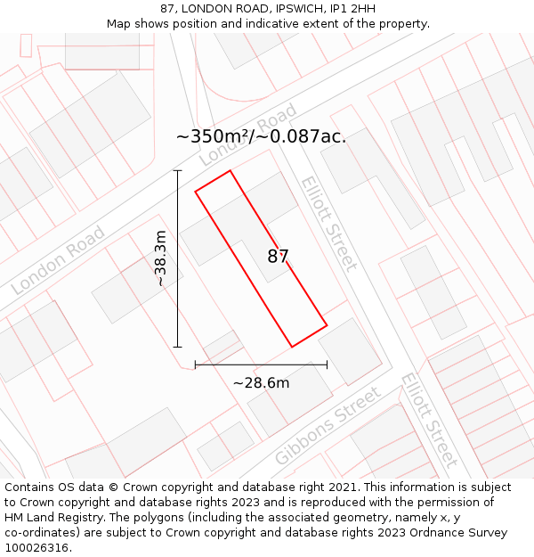 87, LONDON ROAD, IPSWICH, IP1 2HH: Plot and title map