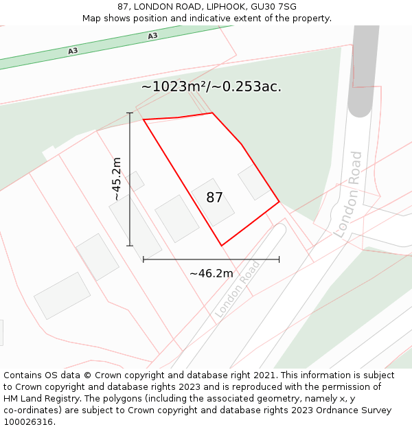 87, LONDON ROAD, LIPHOOK, GU30 7SG: Plot and title map