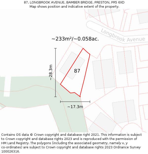 87, LONGBROOK AVENUE, BAMBER BRIDGE, PRESTON, PR5 6XD: Plot and title map