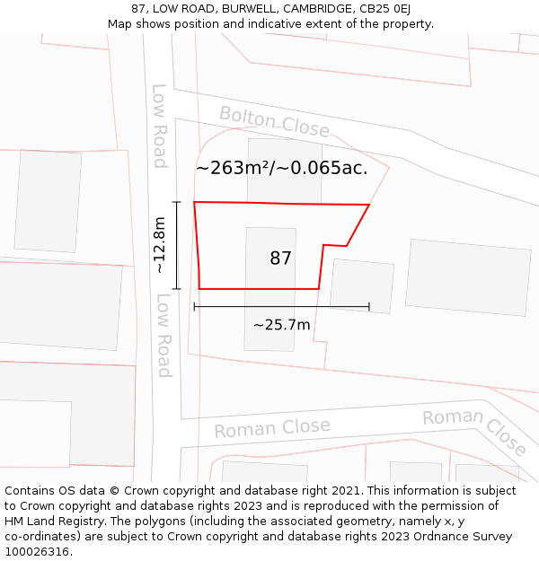 87, LOW ROAD, BURWELL, CAMBRIDGE, CB25 0EJ: Plot and title map